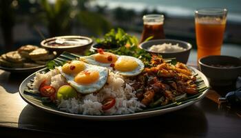 Grilled pork, fresh vegetables, healthy salad, ready to eat meal generated by AI photo