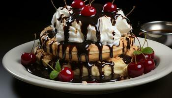 hecho en casa gastrónomo postre Fresco fruta, chocolate, azotado crema generado por ai foto