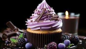 Gourmet cupcake indulgence, homemade berry decoration on chocolate muffin generated by AI photo