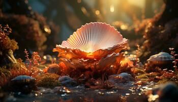 Vibrant underwater beauty fish, coral, and seashells in nature generated by AI photo