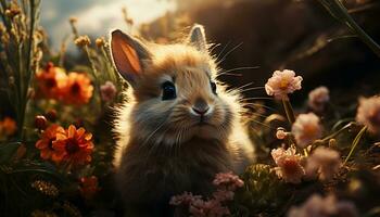 Fluffy rabbit sitting in grass, enjoying the springtime beauty generated by AI photo