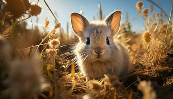 linda mullido Conejo sentado en verde césped, disfrutando naturaleza generado por ai foto