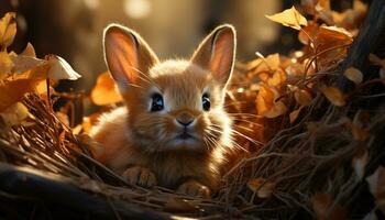 linda pequeño Conejo sentado en césped, mullido piel al aire libre generado por ai foto