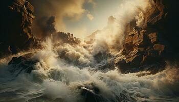 Sunset sky, mountain rock, wave splashing, nature beauty flowing generated by AI photo