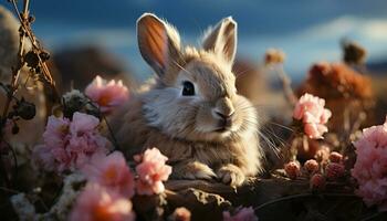 mullido bebé Conejo sentado en césped, disfrutando primavera generado por ai foto