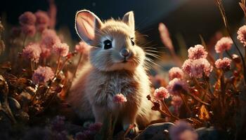 Cute small rabbit sitting in meadow, looking at flower generated by AI photo