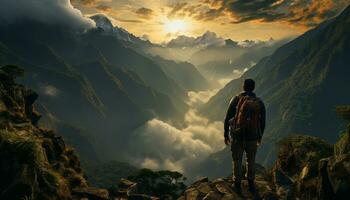 uno persona excursionismo a montaña cima, lograr éxito generado por ai foto