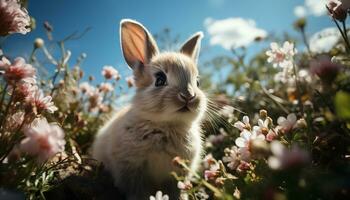 Cute baby rabbit sitting in green meadow, enjoying nature generated by AI photo