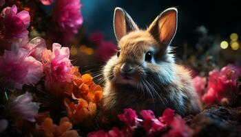 Fluffy baby rabbit sitting in grass, surrounded by flowers generated by AI photo