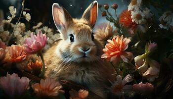 Cute baby rabbit sitting in grass, surrounded by flowers generated by AI photo