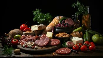 Freshness of organic meat and vegetable on wooden table generated by AI photo