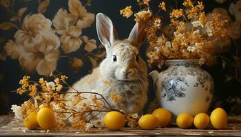 Cute baby rabbit in a wood decoration, celebrating springtime generated by AI photo