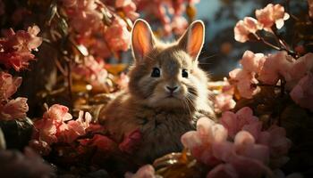 linda mullido Conejo sentado en césped, disfrutando primavera al aire libre generado por ai foto