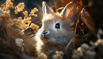Fluffy small rabbit sitting in grass, looking cute generated by AI photo