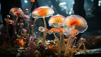 The colorful toadstool grows in the uncultivated forest generated by AI photo