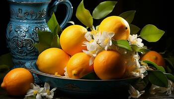 Fresh citrus fruits on wooden table, nature healthy refreshment generated by AI photo