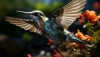 Hummingbird flying, hovering, pollinating nature vibrant, iridescent beauty generated by AI photo