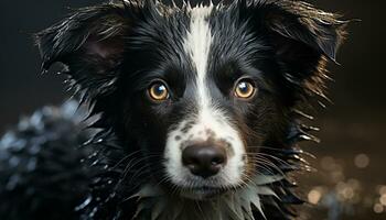 Cute puppy sitting, looking at camera, wet fur, black background generated by AI photo