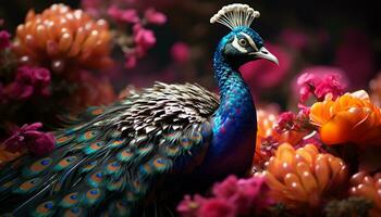 Vibrant peacock displays majestic beauty in nature colorful portrait generated by AI photo
