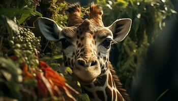 Giraffe, mammal, nature elegance, striped beauty in wildlife reserve generated by AI photo