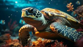 un hermosa mar Tortuga nadando en el azul agua generado por ai foto