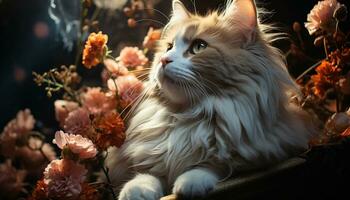 linda gatito sentado en césped, juguetón, rodeado por naturaleza generado por ai foto