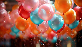 alegre celebracion, vistoso globos volar, trayendo felicidad y divertido generado por ai foto