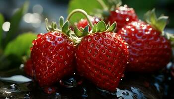 Freshness of ripe strawberry, a sweet, juicy summer dessert generated by AI photo