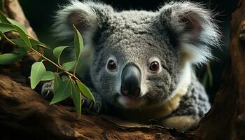 Cute koala sitting on branch, staring at camera generated by AI photo