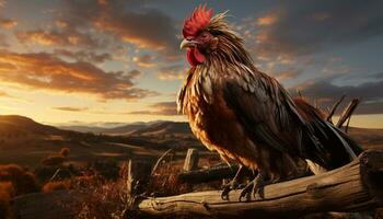 majestuoso gallo canto a amanecer en rural granja generado por ai foto