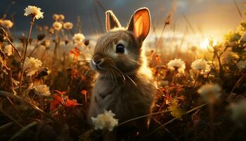 Fluffy baby rabbit sitting in meadow, enjoying springtime generated by AI photo