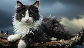 Cute kitten sitting outdoors, staring at camera, fluffy and playful generated by AI photo