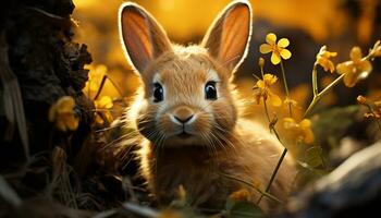 Fluffy baby rabbit sitting in green meadow, enjoying spring generated by AI photo