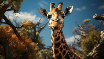 jirafa en África, mirando lindo, sonriente con manchado lengua generado por ai foto