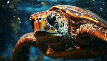 Close up of a beautiful sea turtle swimming underwater generated by AI photo