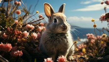 Cute rabbit sitting in grass, surrounded by flowers generated by AI photo