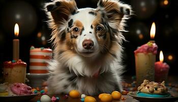 Cute puppy sitting, looking, celebrating birthday with candle decoration generated by AI photo
