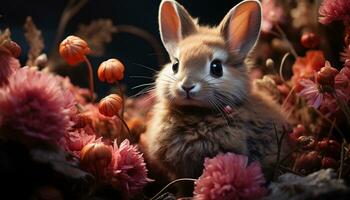 Fluffy baby rabbit sitting in grass, cute and small generated by AI photo