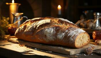 recién horneado un pan en de madera mesa, un gastrónomo comida generado por ai foto