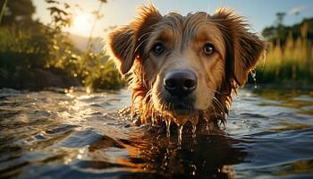 Cute puppy sitting outdoors, wet from swimming, looking at camera generated by AI photo