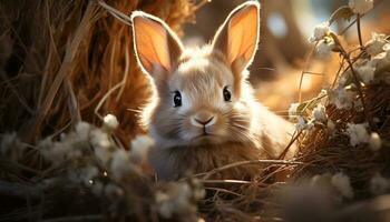 Cute fluffy rabbit sitting in grass, enjoying nature generated by AI photo