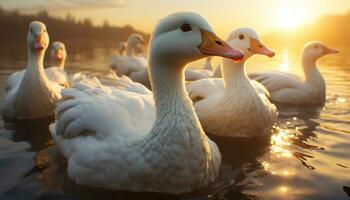 Duck family waddling in meadow, looking at beautiful sunset generated by AI photo