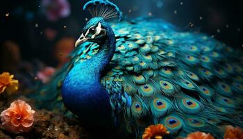 The majestic peacock vibrant feathers display nature elegance generated by AI photo