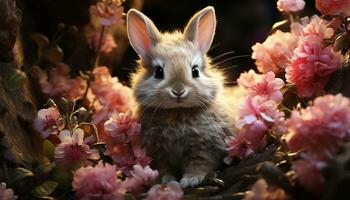 Cute fluffy rabbit sitting in grass, enjoying springtime outdoors generated by AI photo