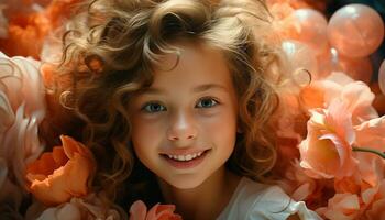 lindo, alegre niña sonriente, disfrutando naturaleza belleza al aire libre generado por ai foto