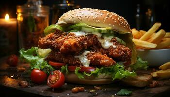 Grilled beef burger with fries, fresh salad, and cheese generated by AI photo