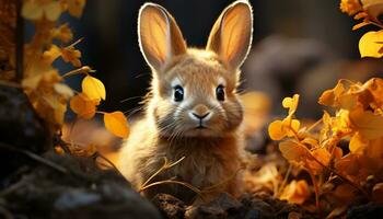 Cute fluffy baby rabbit sitting in grass, enjoying nature generated by AI photo