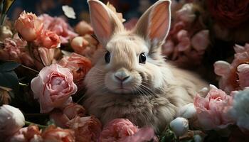 Cute baby rabbit sitting, looking at pink tulip blossom generated by AI photo