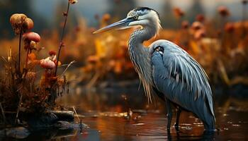 Gray heron standing on branch, fishing in tranquil pond generated by AI photo