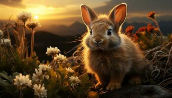 Fluffy baby rabbit sitting in grass, enjoying sunset generated by AI photo